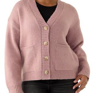 XL Elegant Soft Knit Mauve V-Neck Button Front Cardigan
